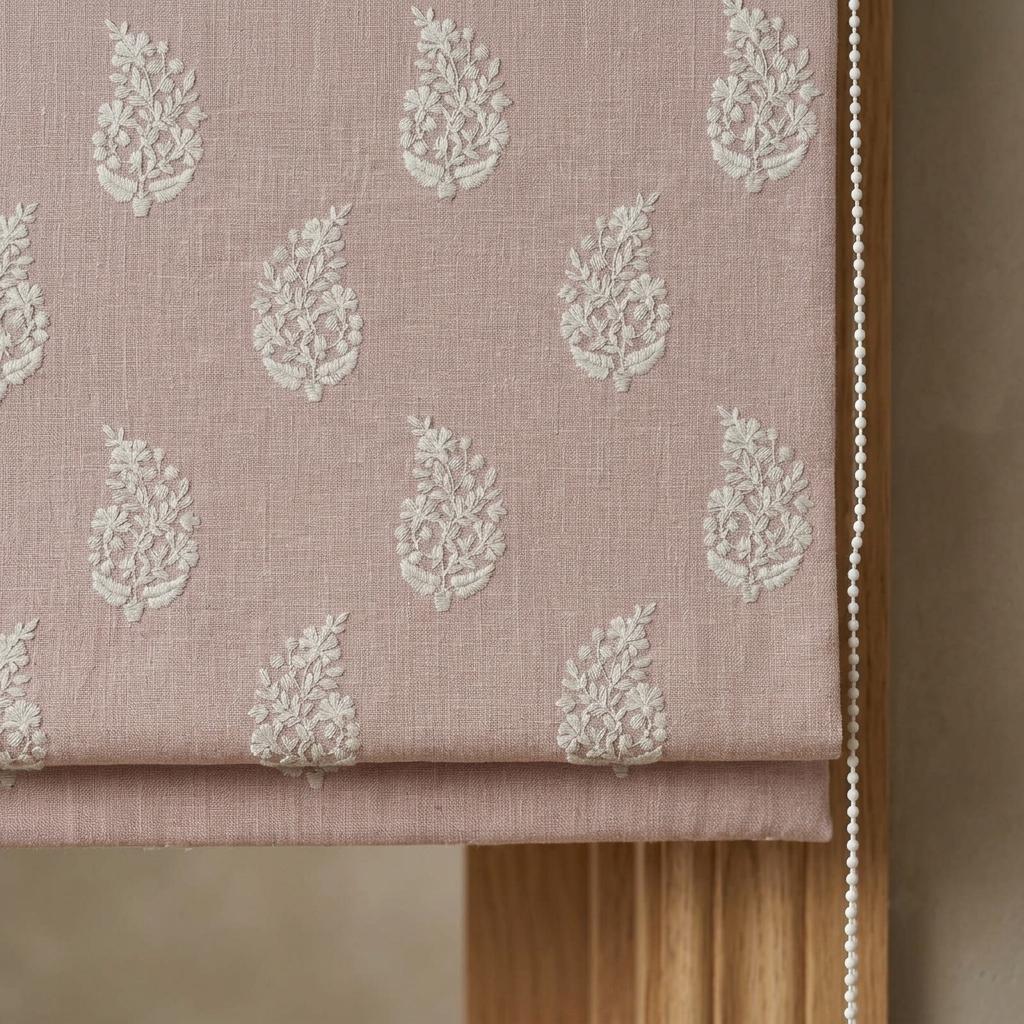 Blush Pink Linen Roman Shade, Ivory Embroidered Floral Paisley Roman Blind, Custom Size Blackout Corded Window Shade — image 7