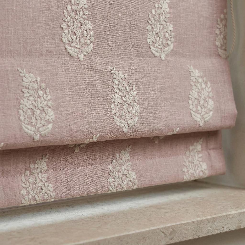 Blush Pink Linen Roman Shade, Ivory Embroidered Floral Paisley Roman Blind, Custom Size Blackout Corded Window Shade — image 1
