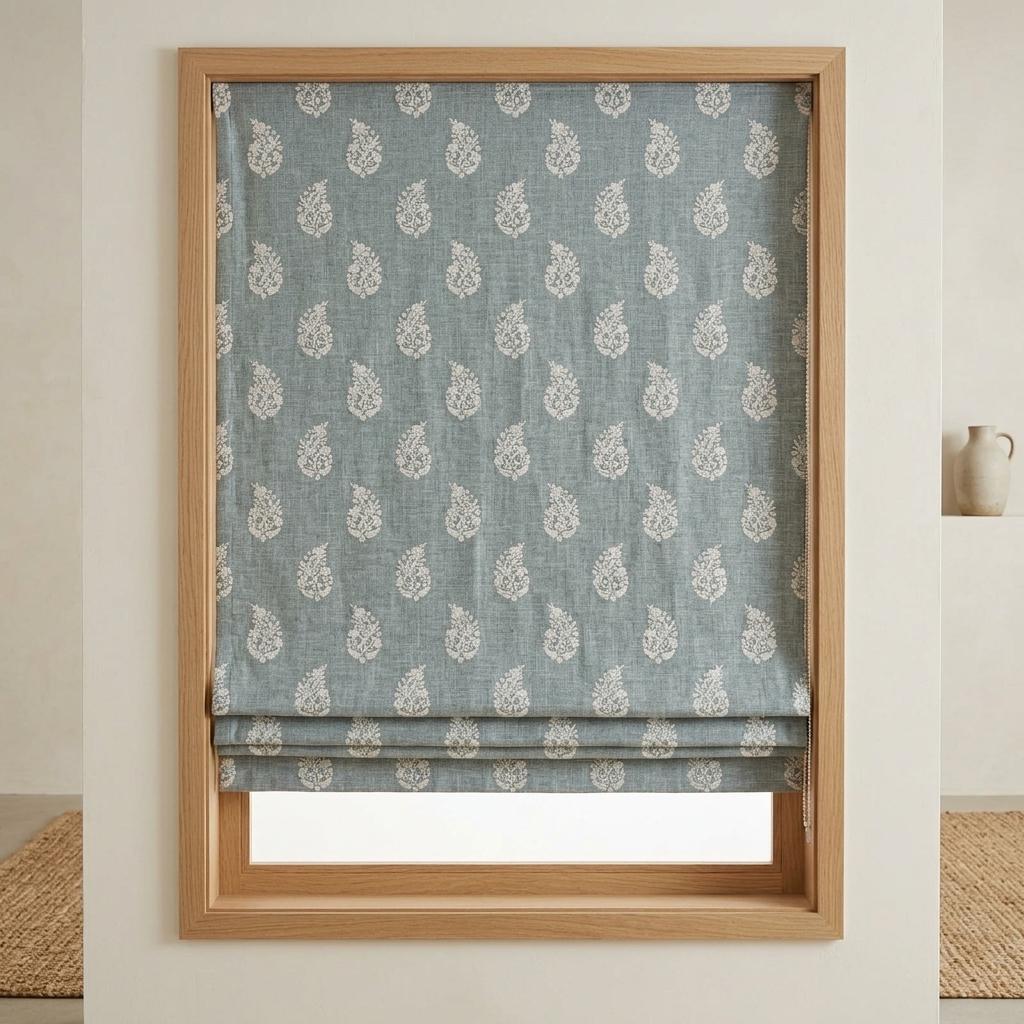 Blue Grey Linen Roman Shade, Ivory Embroidered Floral Paisley Roman Blind, Custom Corded Blackout Window Shade — image 1