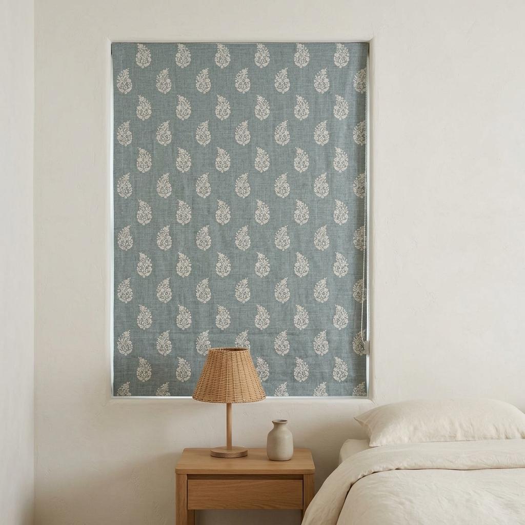 Blue Grey Linen Roman Shade, Ivory Embroidered Floral Paisley Roman Blind, Custom Corded Blackout Window Shade — image 4