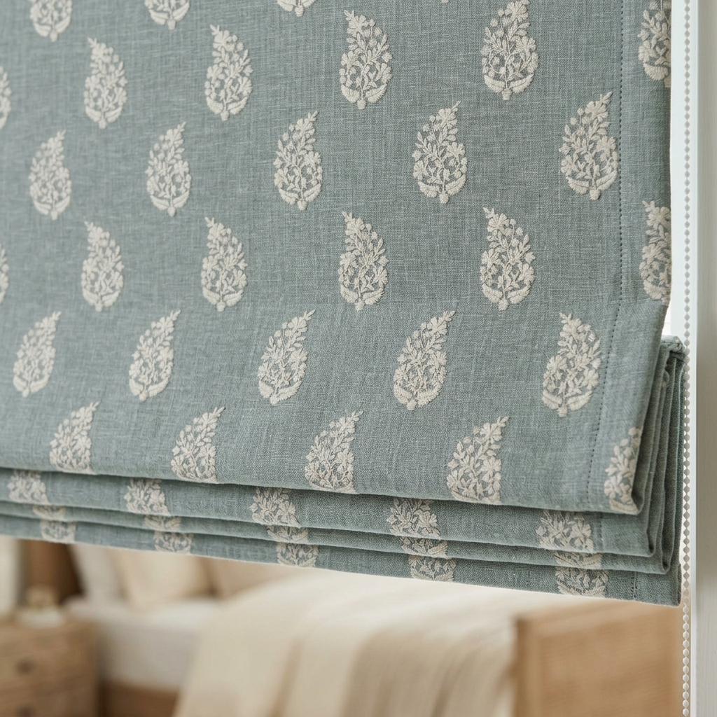 Blue Grey Linen Roman Shade, Ivory Embroidered Floral Paisley Roman Blind, Custom Corded Blackout Window Shade — image 3