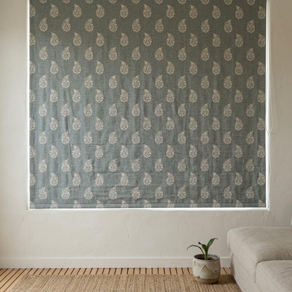 Blue Grey Linen Roman Shade, Ivory Embroidered Floral Paisley Roman Blind, Custom Corded Blackout Window Shade — image 10