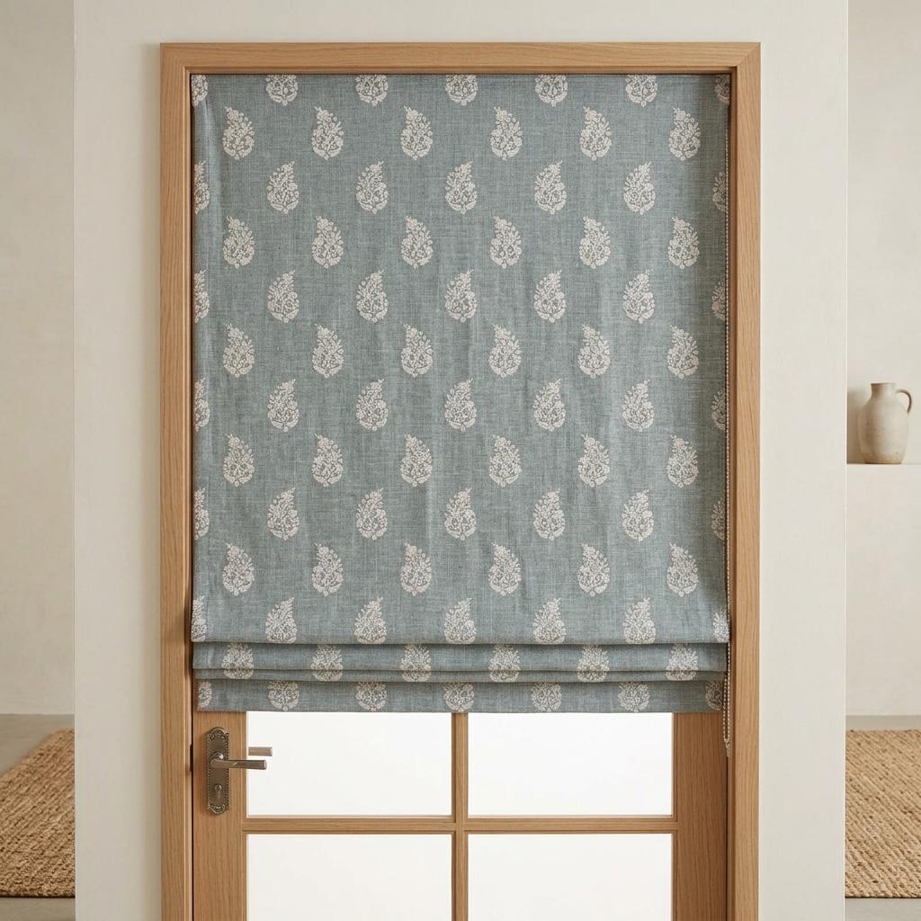 Blue Grey Linen Roman Shade, Ivory Embroidered Floral Paisley Roman Blind, Custom Corded Blackout Window Shade — image 7