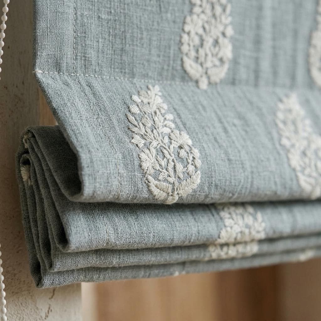 Blue Grey Linen Roman Shade, Ivory Embroidered Floral Paisley Roman Blind, Custom Corded Blackout Window Shade — image 9