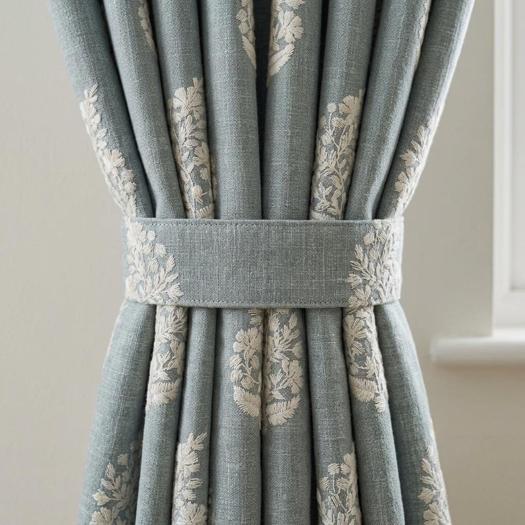 Blue Grey Heavy Pure Linen Curtains, Ivory Floral Embroidered Drapes, Custom Blackout or Cotton Lined Window Panels — image 1