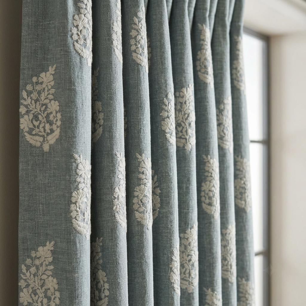 Blue Grey Heavy Pure Linen Curtains, Ivory Floral Embroidered Drapes, Custom Blackout or Cotton Lined Window Panels — image 1