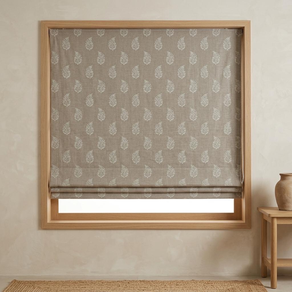 Taupe Greige Linen Roman Shade, Ivory Botanical Embroidered Corded Custom Roman Blind, Blackout Light Filtering Shade — image 1