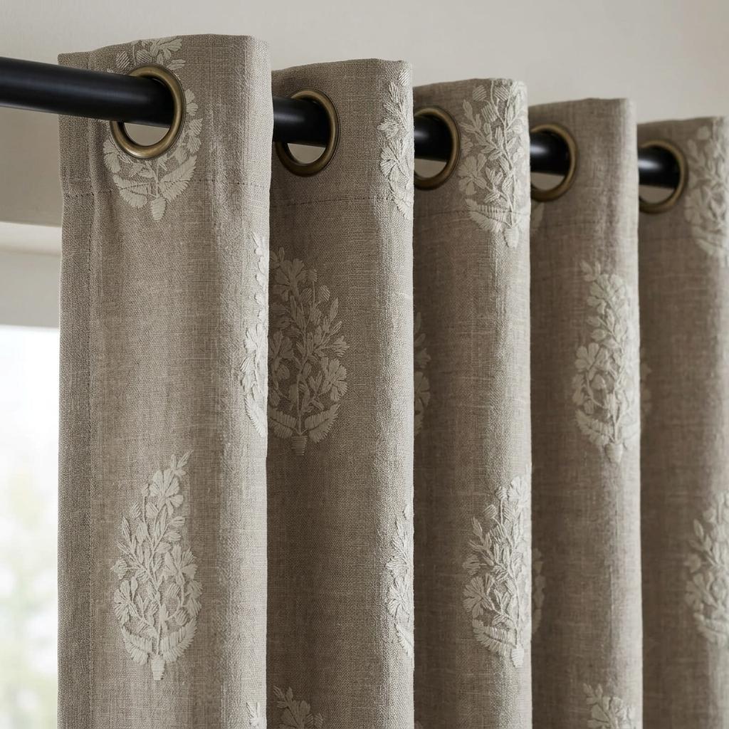 Taupe Greige Heavy Pure Linen Curtains, Ivory Floral Embroidered Drapes, Custom Blackout or Cotton Lined Panels — image 4