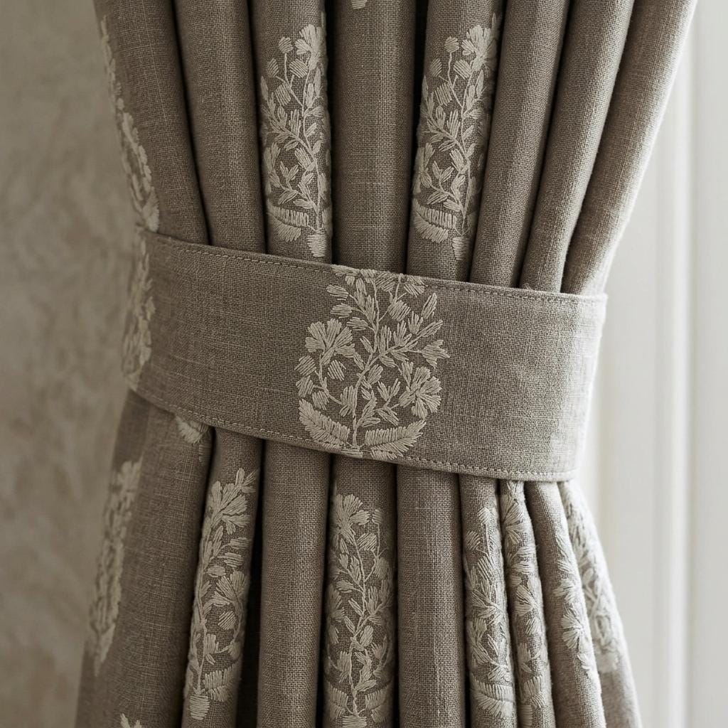 Taupe Greige Heavy Pure Linen Curtains, Ivory Floral Embroidered Drapes, Custom Blackout or Cotton Lined Panels — image 3