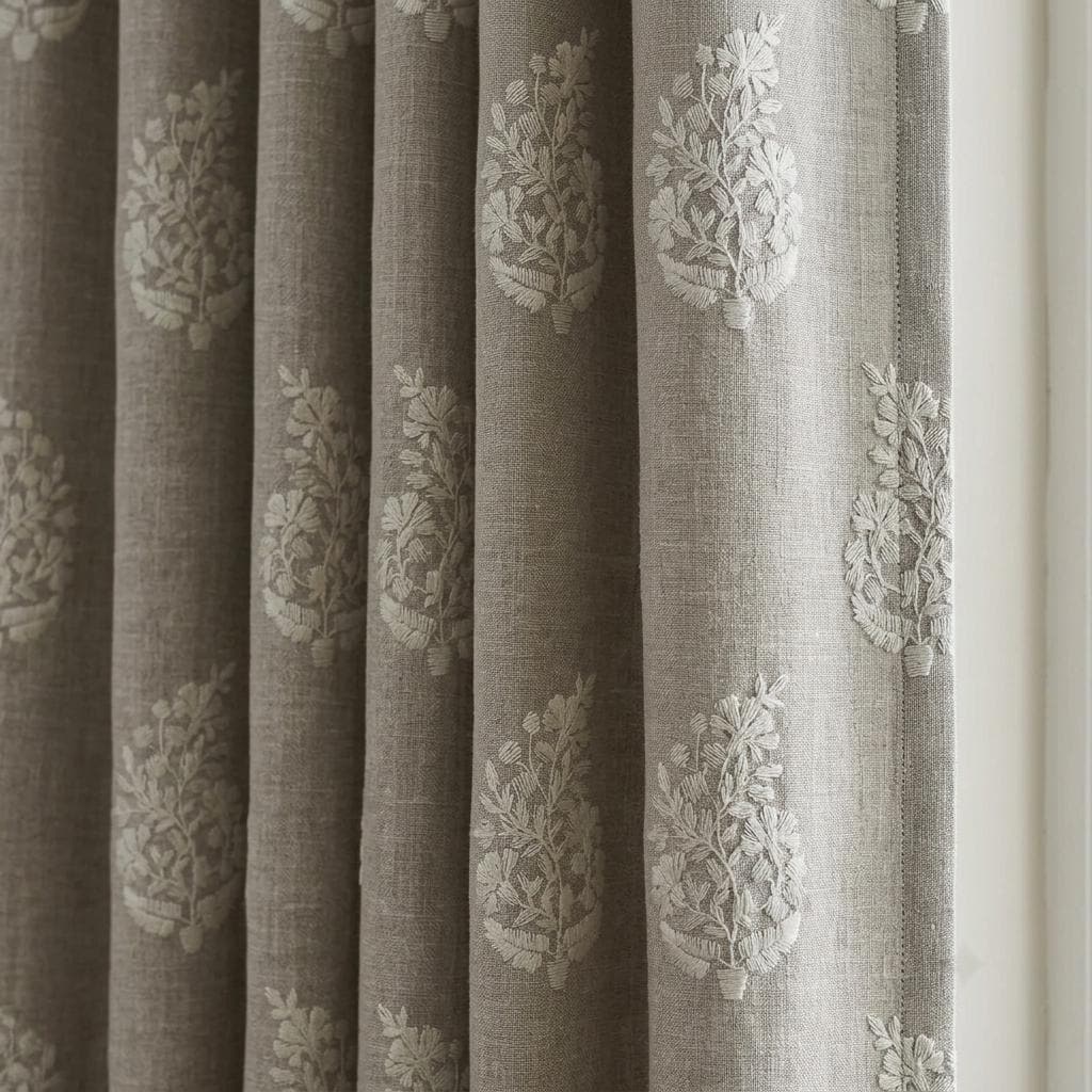 Taupe Greige Heavy Pure Linen Curtains, Ivory Floral Embroidered Drapes, Custom Blackout or Cotton Lined Panels — image 1