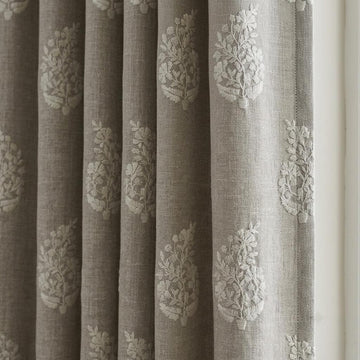 Taupe Greige Heavy Pure Linen Curtains, Ivory Floral Embroidered Drapes, Custom Blackout or Cotton Lined Panels — image 1
