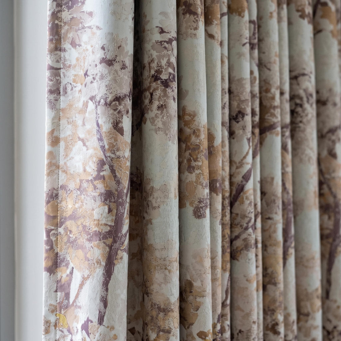 Pure Silk Linen Jacquard Curtains, Ivory Taupe & Plum Abstract Botanical Luxury Drapes, Custom Blackout or Light Filtering Panels — image 1