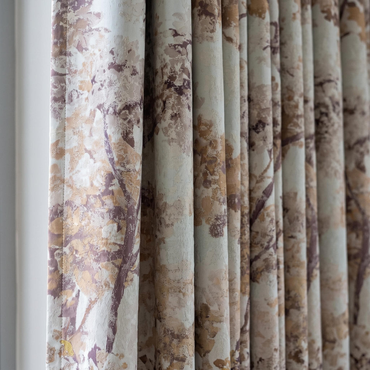 Pure Silk Linen Jacquard Curtains, Ivory Taupe & Plum Abstract Botanical Luxury Drapes, Custom Blackout or Light Filtering Panels — image 1