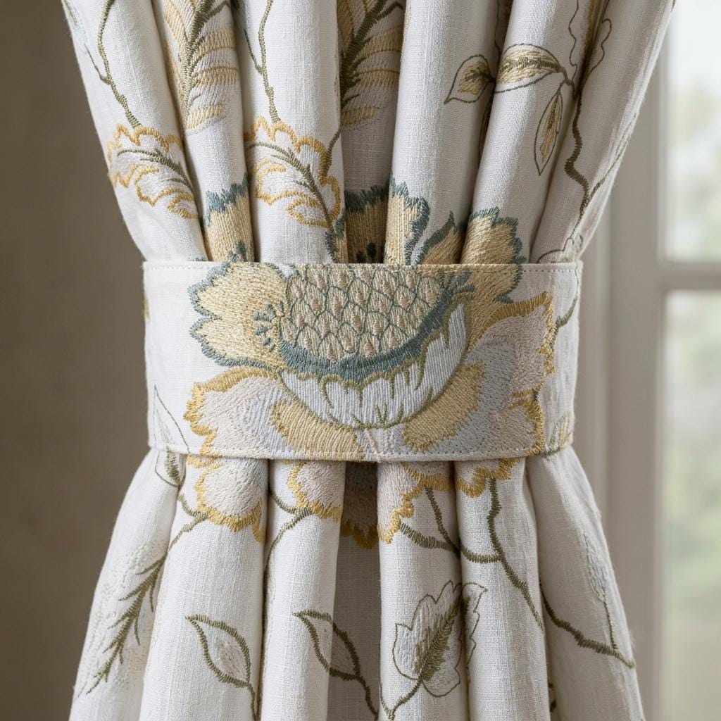 Soft White Embroidered Pure Linen Curtains, Mustard Gold Sage Blue Gray Botanical Floral, Custom Blackout or Light Filtering — image 1