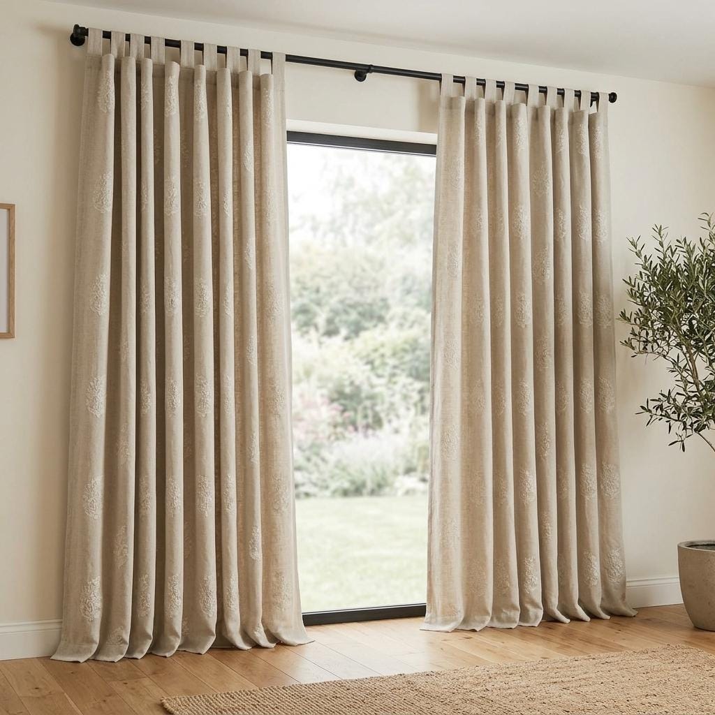 Natural Ivory Beige Heavy Pure Linen Curtains, Tone on Tone Floral Embroidered Drapes, Custom Blackout or Cotton Lined Panels — image 7