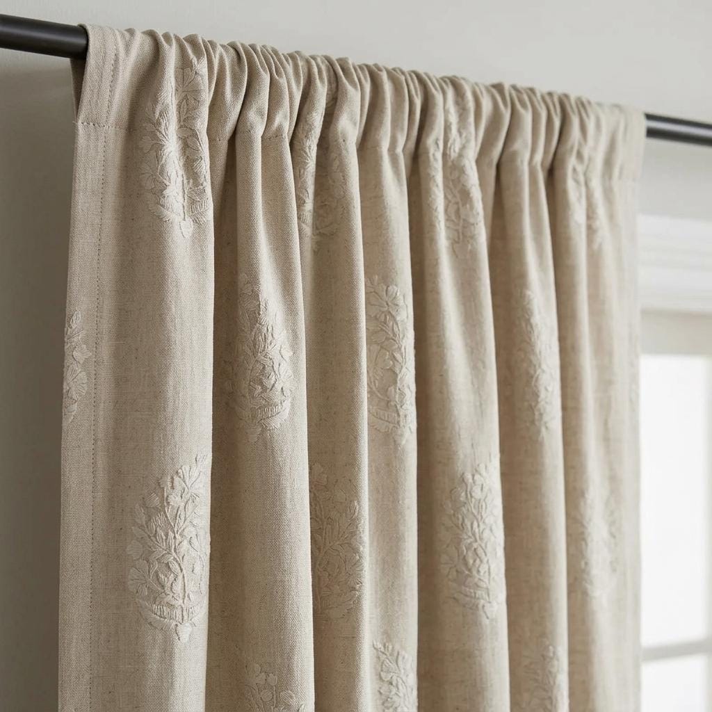 Natural Ivory Beige Heavy Pure Linen Curtains, Tone on Tone Floral Embroidered Drapes, Custom Blackout or Cotton Lined Panels — image 6