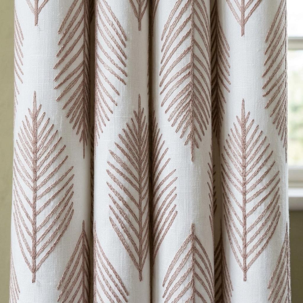 Ivory Embroidered Pure Linen Curtains, Dusty Blush Pink Botanical Leaf Drapes, Custom Blackout or Light Filtering Panels — image 4