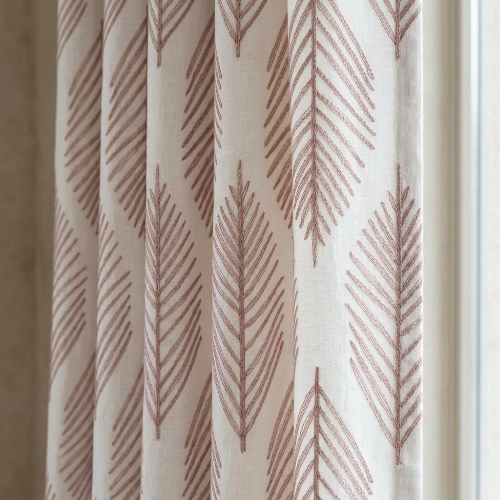 Ivory Embroidered Pure Linen Curtains, Dusty Blush Pink Botanical Leaf Drapes, Custom Blackout or Light Filtering Panels — image 1