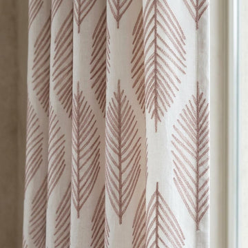 Ivory Embroidered Pure Linen Curtains, Dusty Blush Pink Botanical Leaf Drapes, Custom Blackout or Light Filtering Panels — image 1