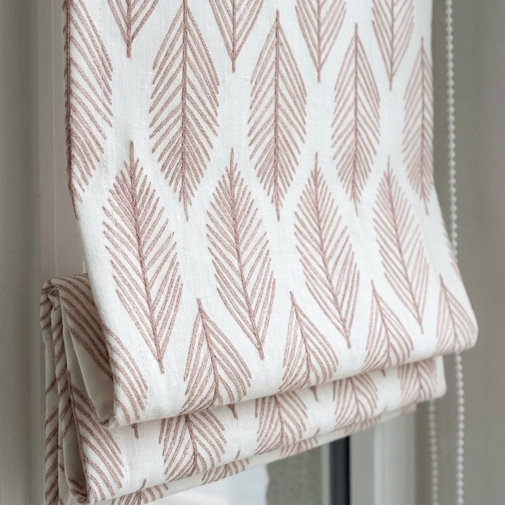 Embroidered Linen Roman Shade: Ivory Blush Taupe Palm Leaf, Custom Corded, Blackout or Light Filtering — image 1