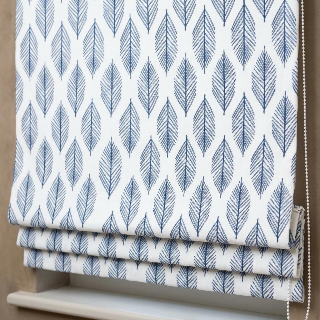 Navy Blue Palm Leaf Linen Roman Shade, Ivory Embroidered Custom Corded Blind, Blackout or Light Filtering — image 1