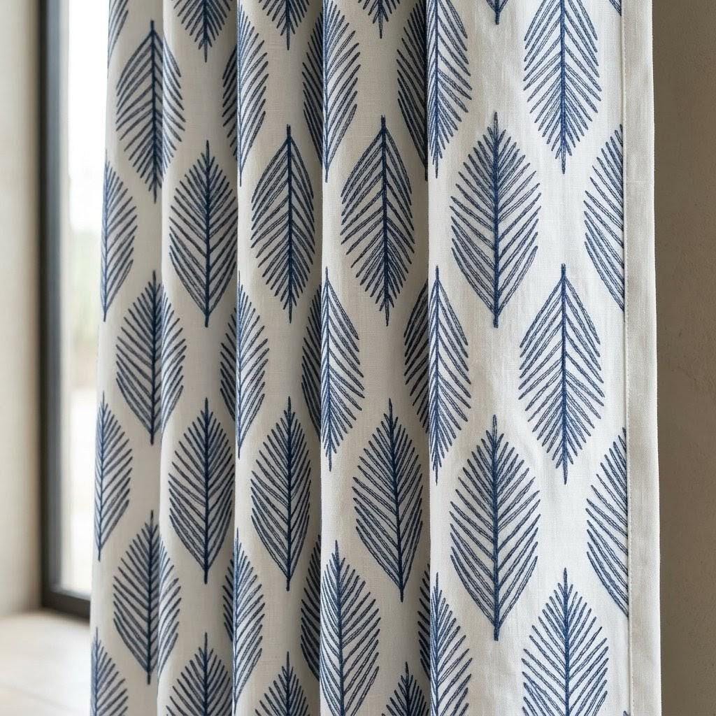 Indigo Blue Palm Leaf Linen Curtains, White Embroidered Botanical Drapes, Custom Blackout or Light Filtering Panels — image 2