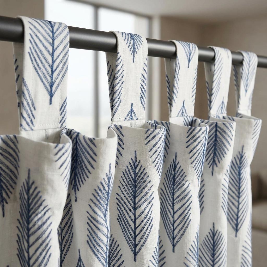 Indigo Blue Palm Leaf Linen Curtains, White Embroidered Botanical Drapes, Custom Blackout or Light Filtering Panels — image 10