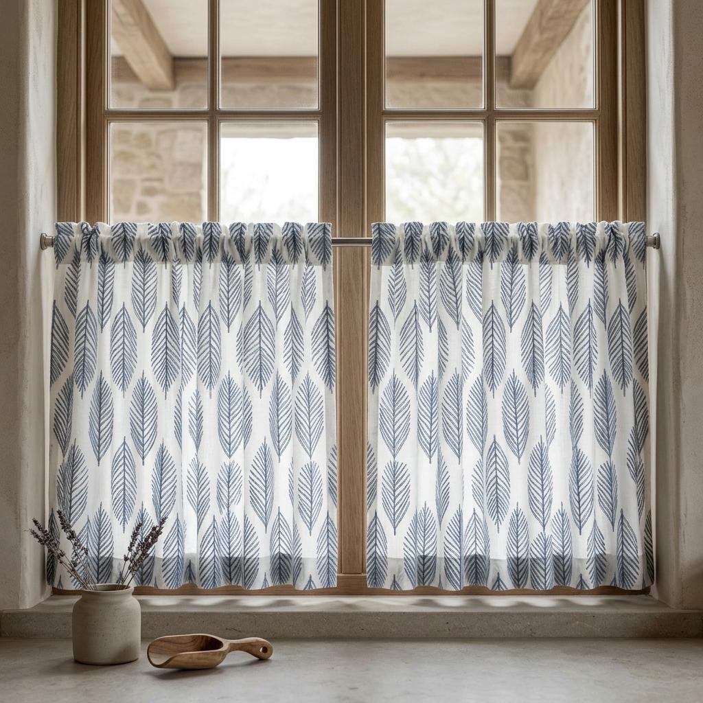 Indigo Blue Palm Leaf Linen Curtains, White Embroidered Botanical Drapes, Custom Blackout or Light Filtering Panels — image 8