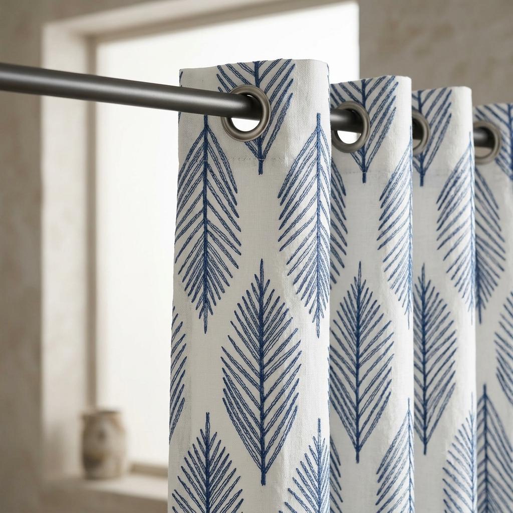 Indigo Blue Palm Leaf Linen Curtains, White Embroidered Botanical Drapes, Custom Blackout or Light Filtering Panels — image 9