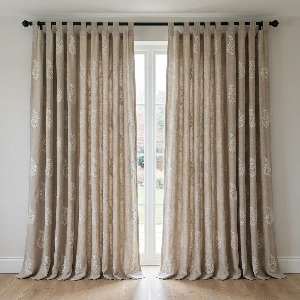 Natural Flax Beige Heavy Pure Linen Curtains, Ivory Floral Embroidered Drapes, Custom Blackout or Cotton Lined Panels — image 4