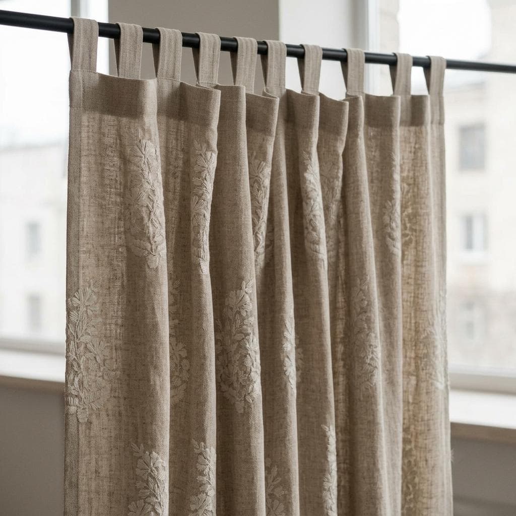 Natural Flax Beige Heavy Pure Linen Curtains, Ivory Floral Embroidered Drapes, Custom Blackout or Cotton Lined Panels — image 7