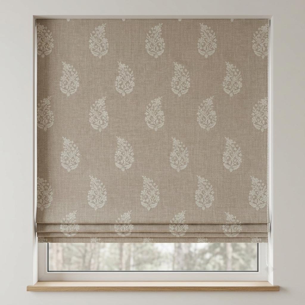 Natural Flax Beige Linen Roman Shade, Ivory Botanical Embroidered Custom Corded Roman Blind, Blackout Light Filtering — image 1