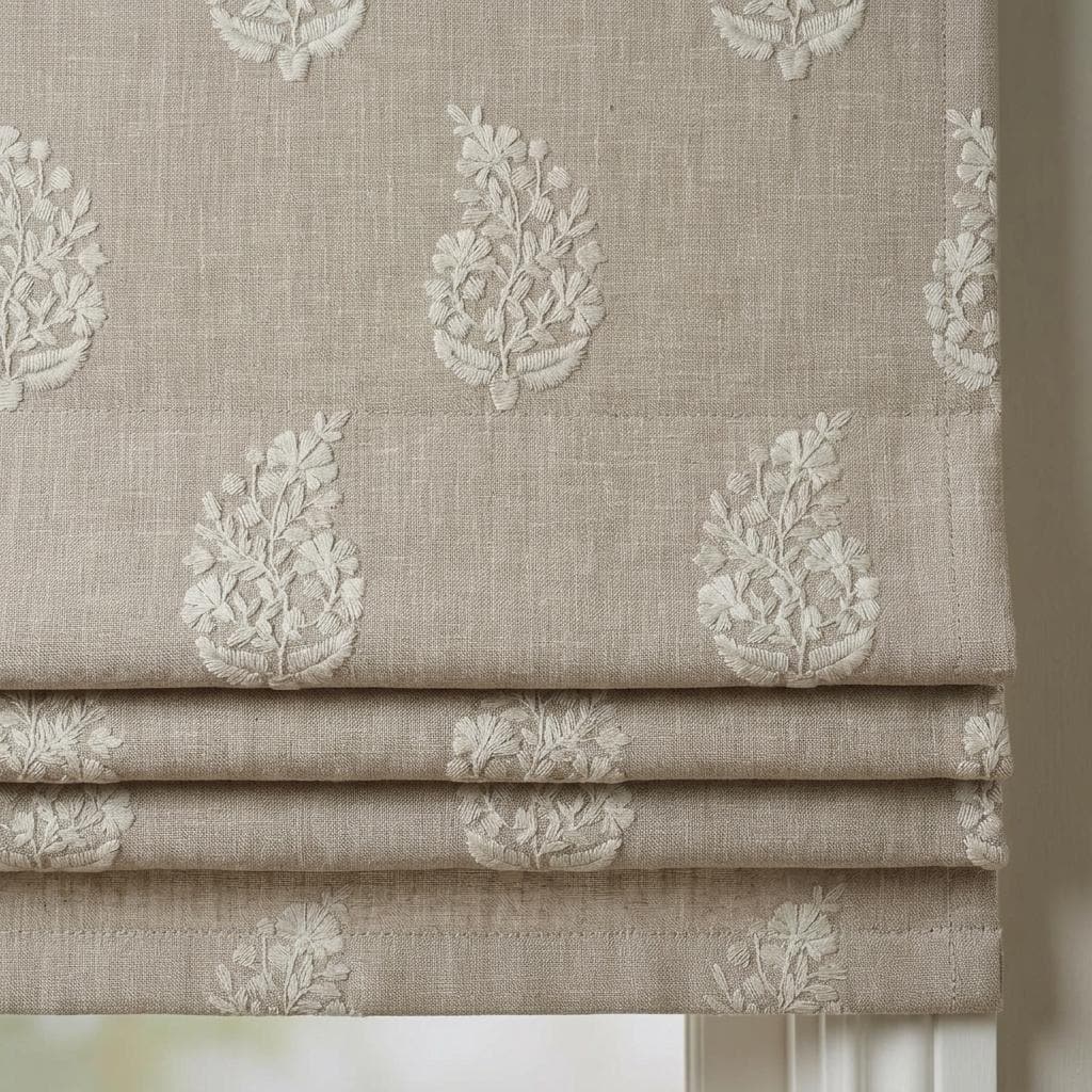Natural Flax Beige Linen Roman Shade, Ivory Botanical Embroidered Custom Corded Roman Blind, Blackout Light Filtering — image 1