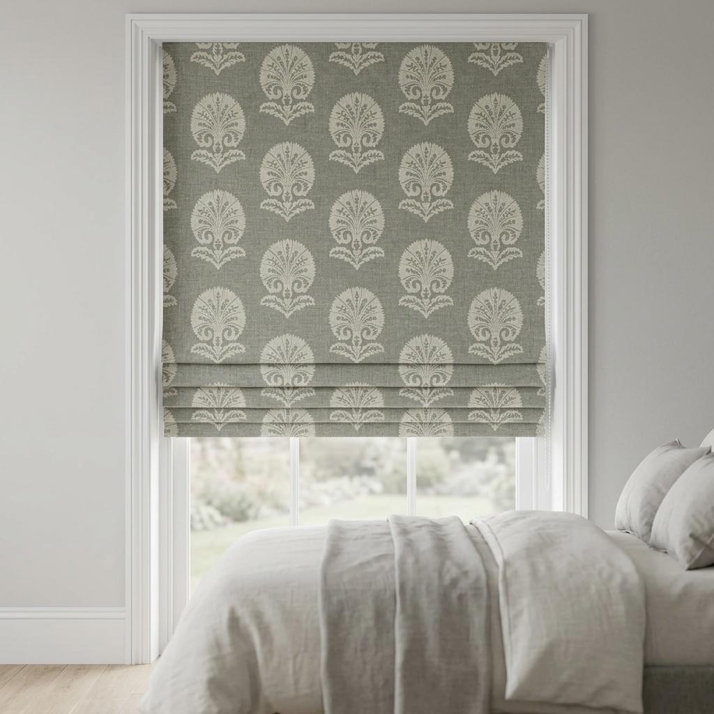 Charcoal Gray Linen Roman Shade, Ivory Damask Embroidered Custom Corded Roman Blind, Blackout Light Filtering — image 1