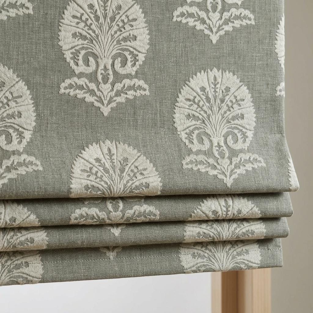 Charcoal Gray Linen Roman Shade, Ivory Damask Embroidered Custom Corded Roman Blind, Blackout Light Filtering — image 1