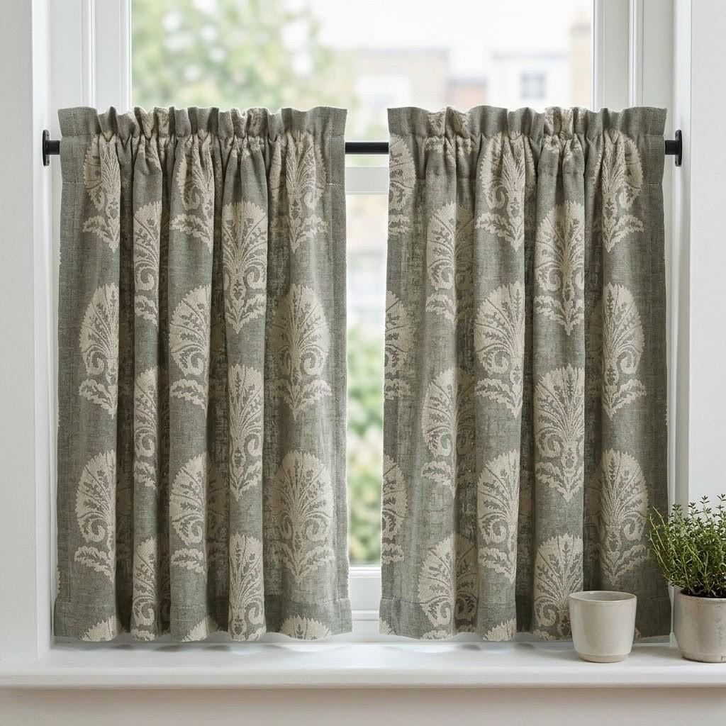 Charcoal Gray Heavy Pure Linen Curtains, Ivory Damask Embroidered Drapes, Custom Blackout or Cotton Lined Panels — image 8