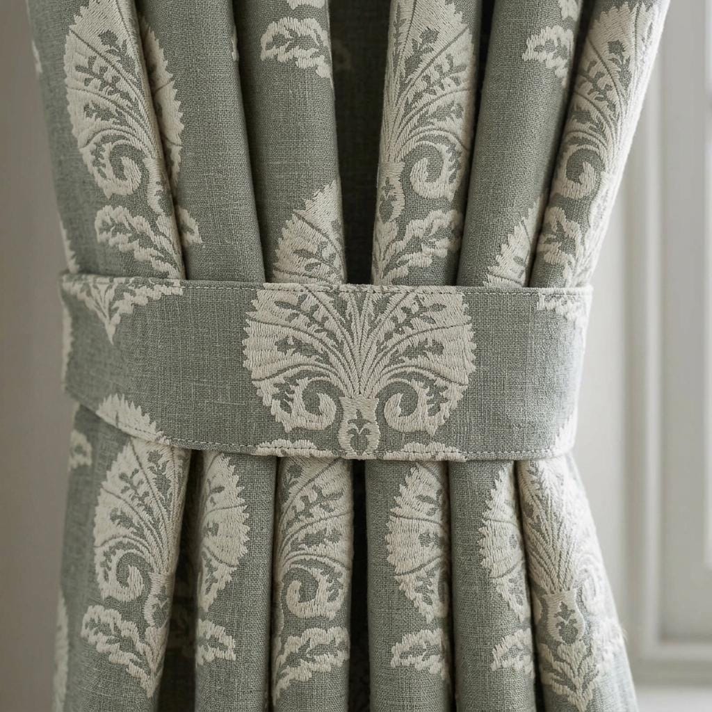 Charcoal Gray Heavy Pure Linen Curtains, Ivory Damask Embroidered Drapes, Custom Blackout or Cotton Lined Panels — image 2