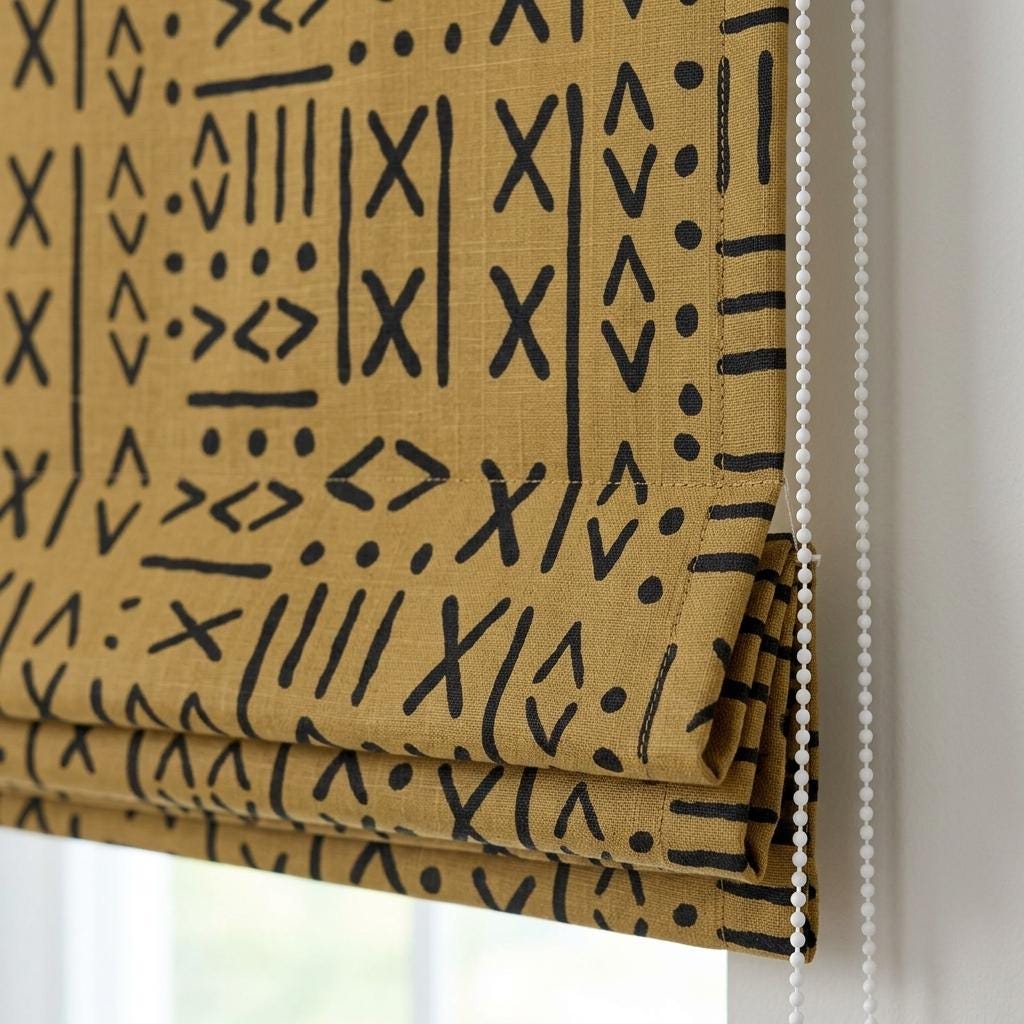 Mustard Ochre Linen Roman Shade, Black Mudcloth Tribal Custom Corded Roman Blind, Blackout Light Filtering Blind — image 1