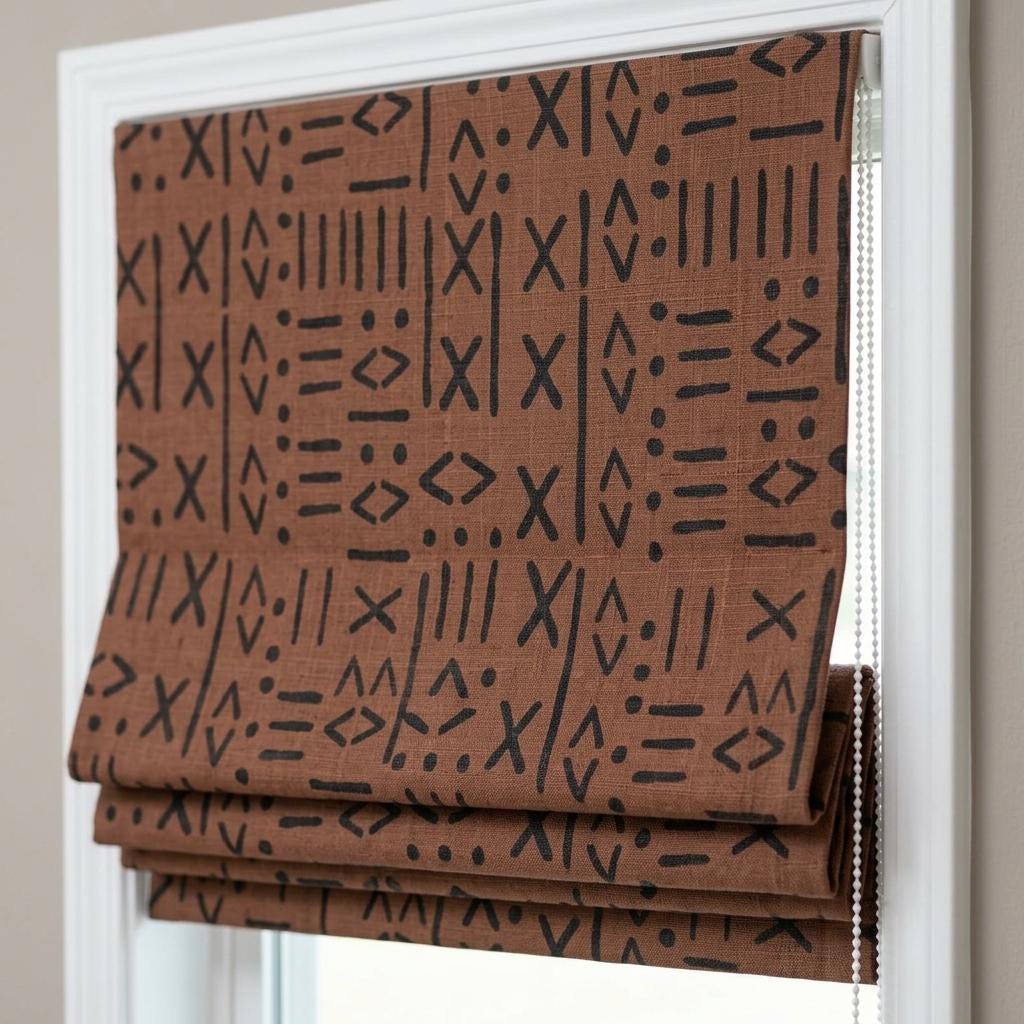 Rust Brown Linen Roman Shade, Black Mudcloth Tribal Custom Corded Roman Blind, Blackout Light Filtering Window Shade — image 1