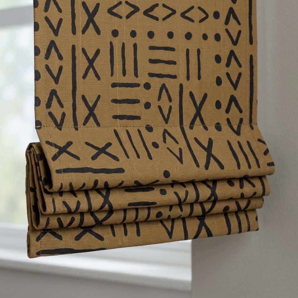 Brown Ochre Linen Roman Shade, Black Mudcloth Tribal Custom Corded Roman Blind, Blackout Light Filtering Blind — image 1