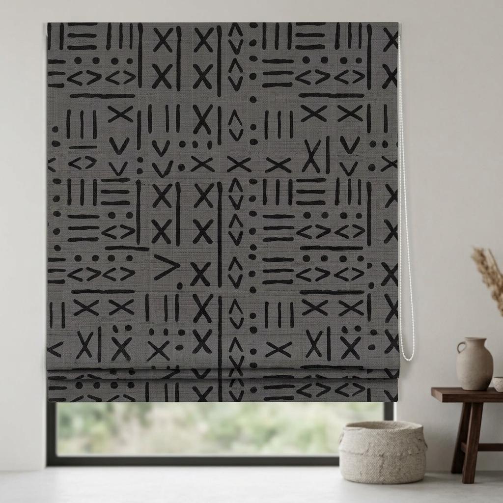 Gray Linen Roman Shade, Black Mudcloth Tribal Custom Corded Roman Blind, Blackout Light Filtering Window Shade — image 1