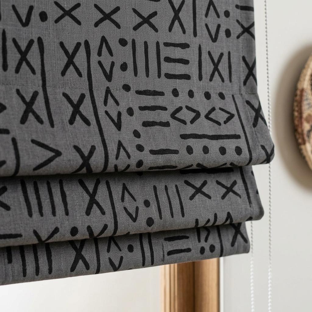 Gray Linen Roman Shade, Black Mudcloth Tribal Custom Corded Roman Blind, Blackout Light Filtering Window Shade — image 1