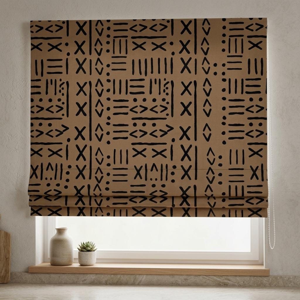 Tan Brown Linen Roman Shade, Black Mudcloth Tribal Custom Corded Roman Blind, Blackout Light Filtering Window Shade — image 1