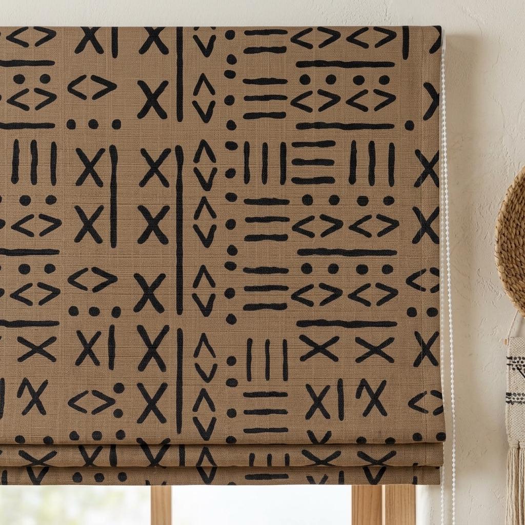 Tan Brown Linen Roman Shade, Black Mudcloth Tribal Custom Corded Roman Blind, Blackout Light Filtering Window Shade — image 1
