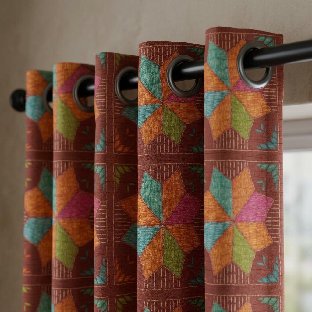 Rust Brown Geometric Linen Cotton Curtains, Teal Orange Mid Century Boho Drapes, Custom Blackout Window Panels — image 4