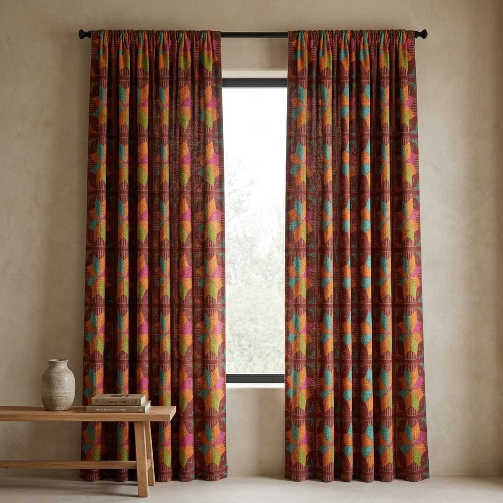 Rust Brown Geometric Linen Cotton Curtains, Teal Orange Mid Century Boho Drapes, Custom Blackout Window Panels — image 5