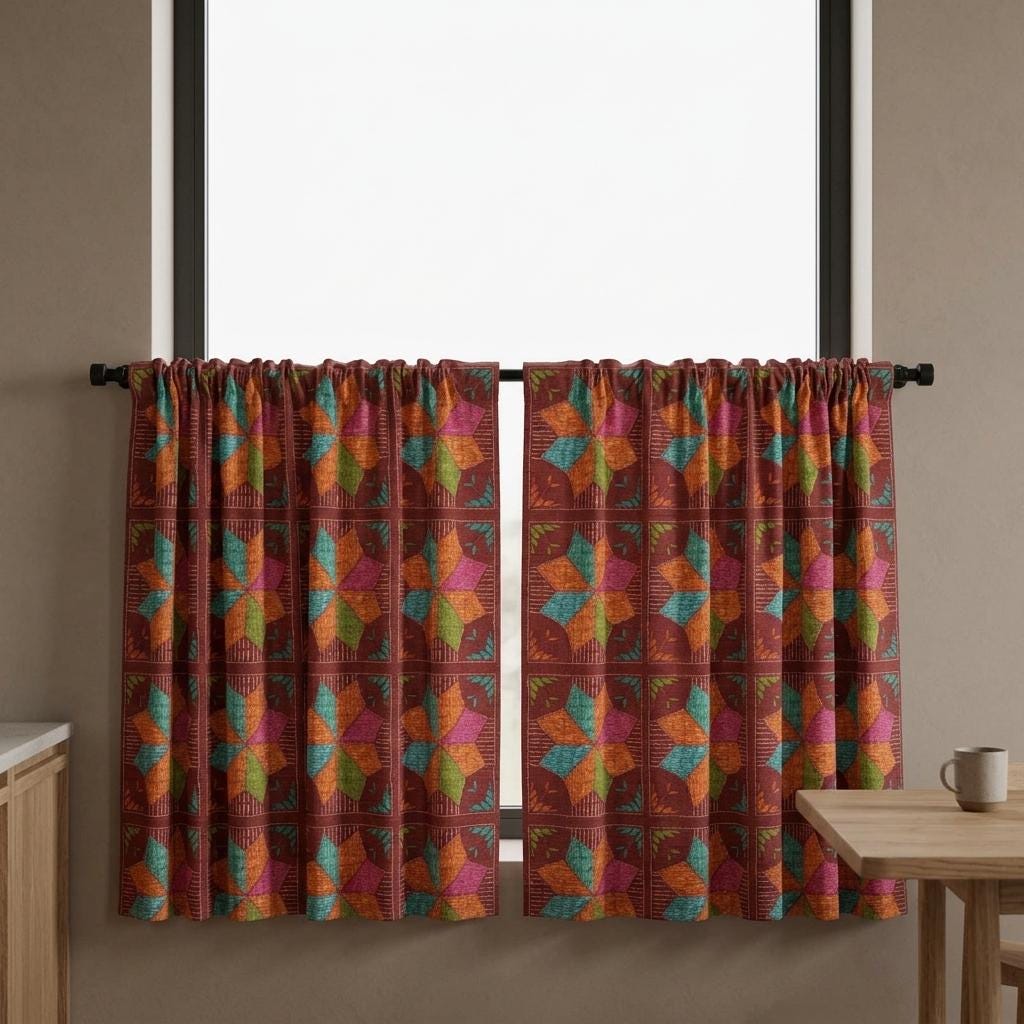 Rust Brown Geometric Linen Cotton Curtains, Teal Orange Mid Century Boho Drapes, Custom Blackout Window Panels — image 6
