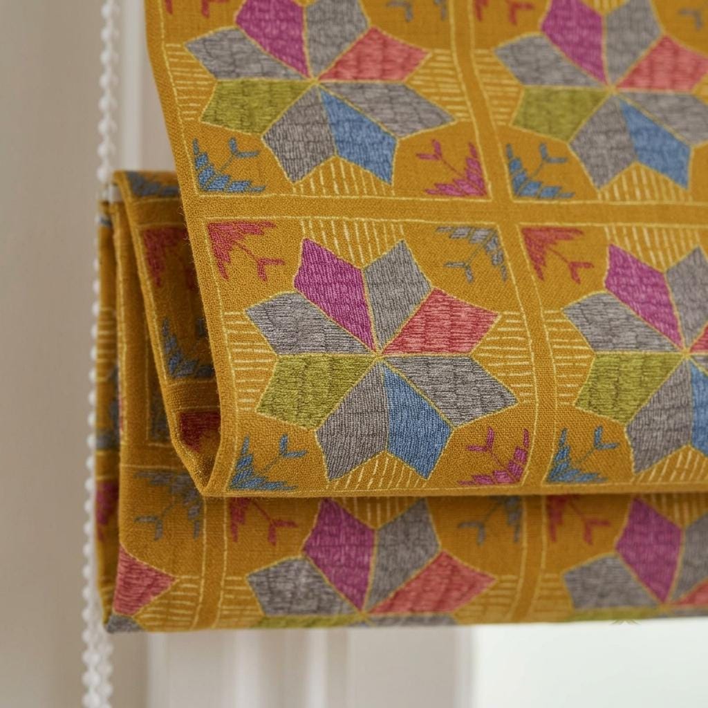 Custom Roman Shade, Mustard Geometric Printed Cotton Linen Blind, Boho Window Treatment, Blackout or Light Filtering — image 6