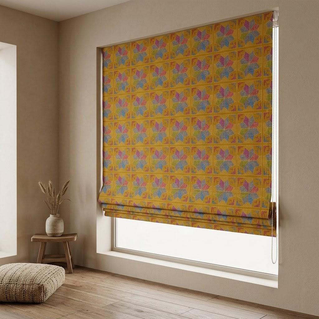 Custom Roman Shade, Mustard Geometric Printed Cotton Linen Blind, Boho Window Treatment, Blackout or Light Filtering — image 5