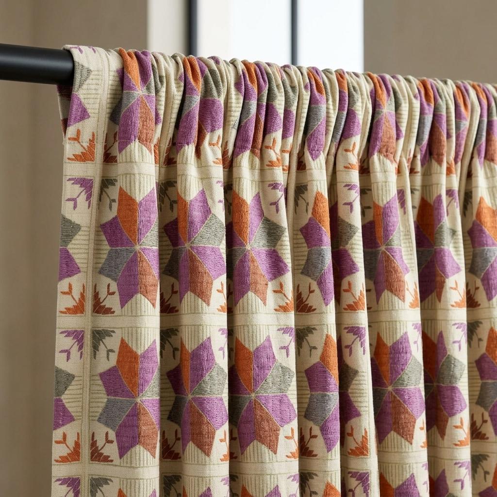 Ivory Geometric Linen Cotton Curtains, Purple Rust Gray Mid Century Boho Drapes, Custom Blackout Window Panels — image 2